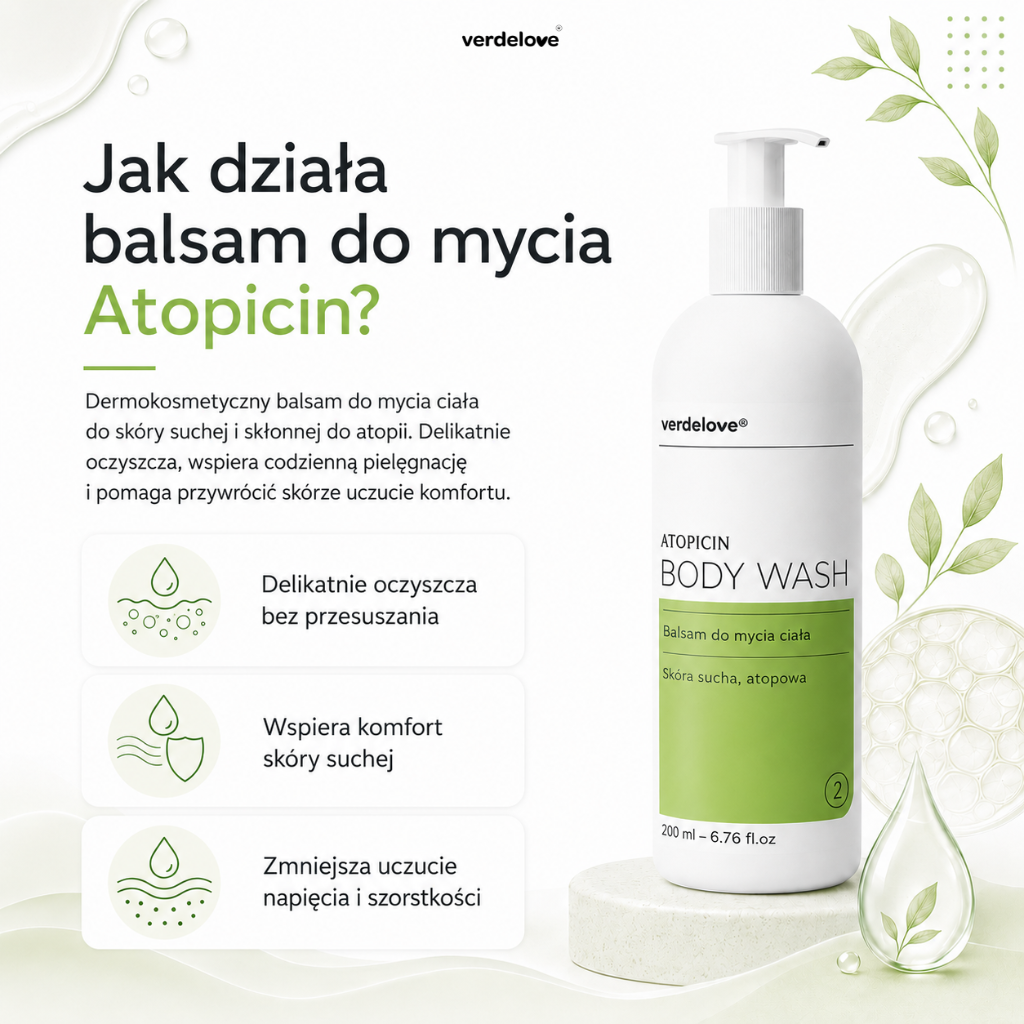 Balsam do mycia ciała Atopicin: delikatnie oczyszcza, wspiera komfort skóry i pomaga ograniczyć uczucie napięcia oraz szorstkości