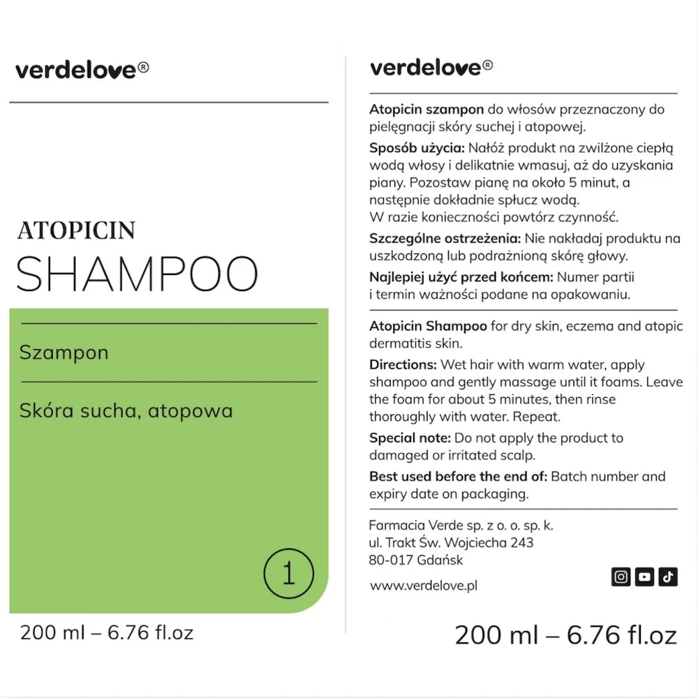 Etykieta szamponu Atopicin 200 ml z instrukcją stosowania